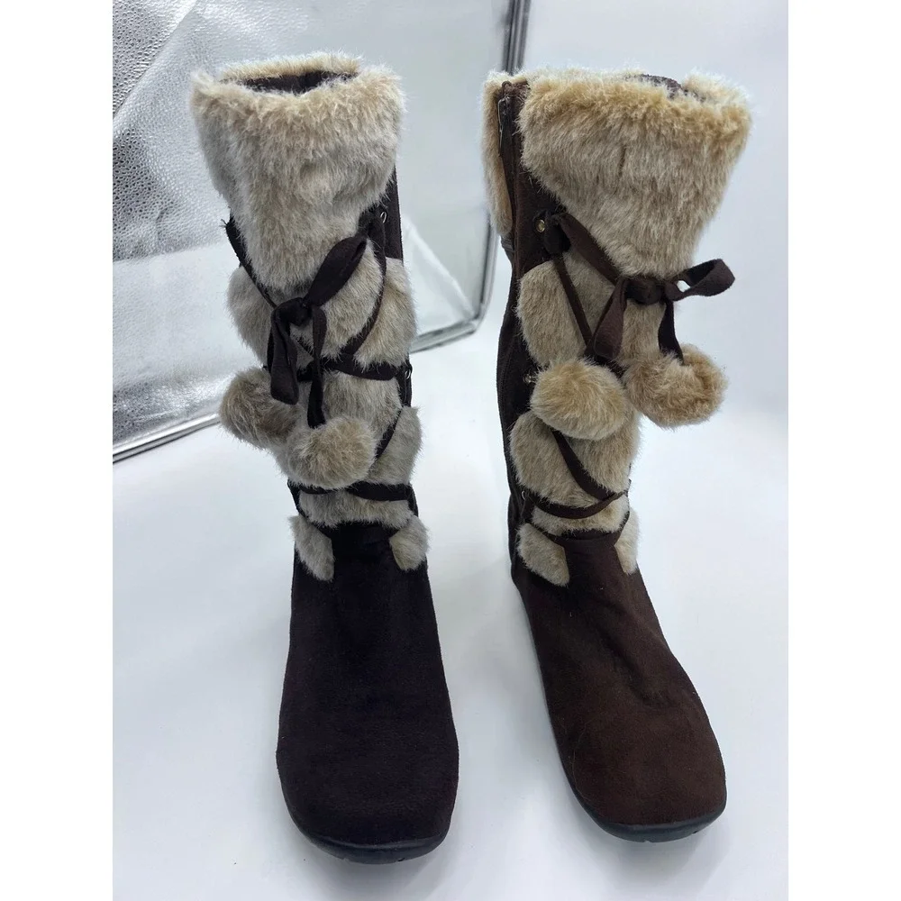 US Polo Assn Womens Jessica Brown Faux Suede Fur Pom Pom Winter Boots Size 10
